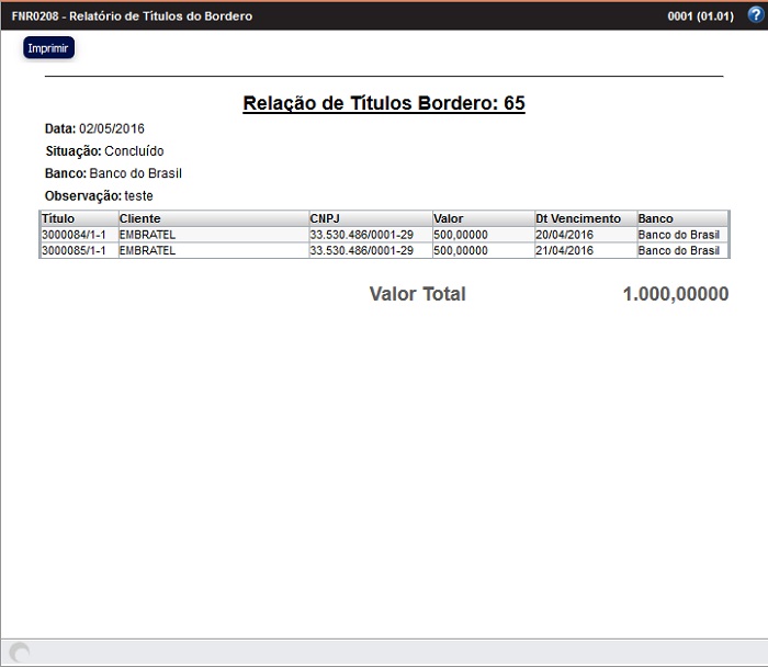 Módulos > Financeiro > FNW0208 - Borderô > FNR0208 - Relatório de ...