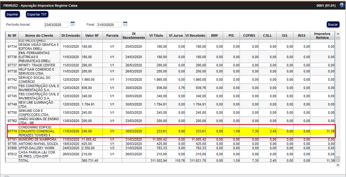 Módulos Financeiro Fnw0252 Apuração Impostos Regime Caixa 6807